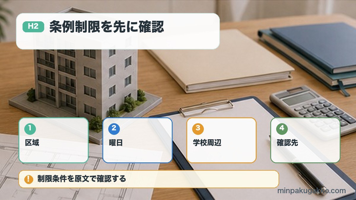 条例制限を先に確認を区域、曜日、学校周辺、確認先で整理する図解