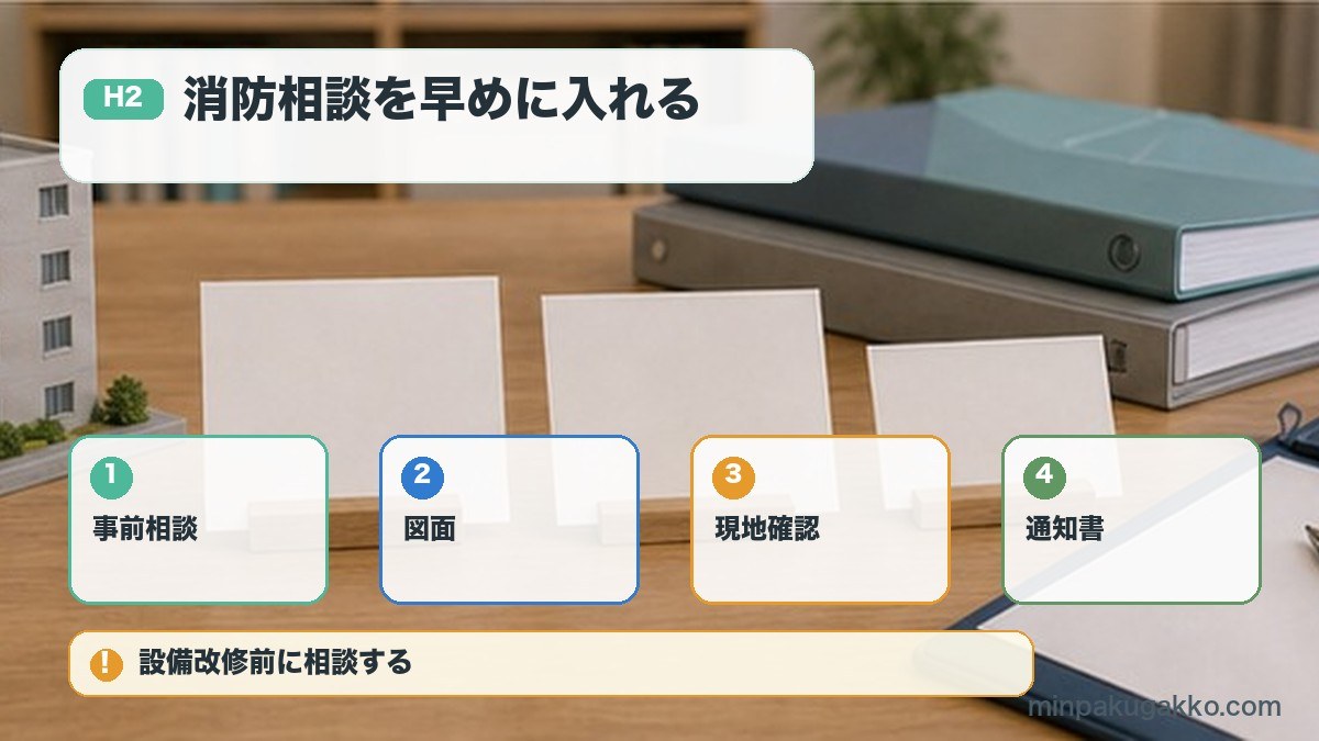 消防相談を早めに入れるを事前相談、図面、現地確認、通知書で整理する図解