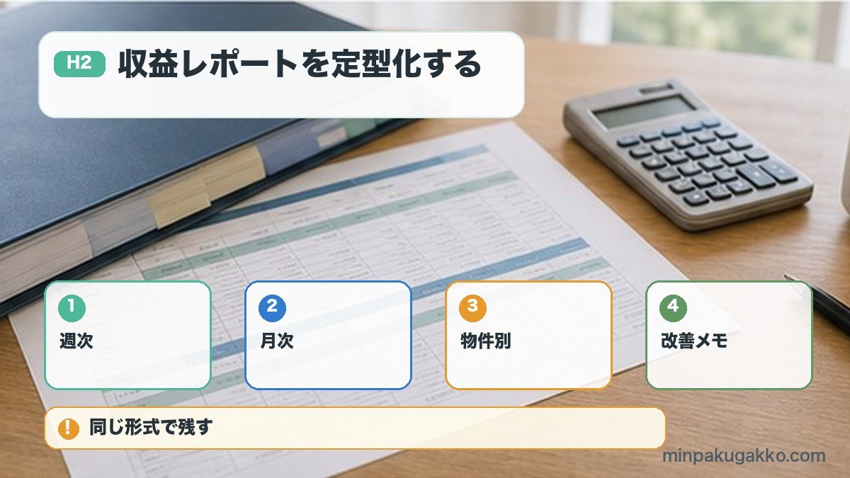 収益レポートを定型化するを週次、月次、物件別、改善メモで整理する図解