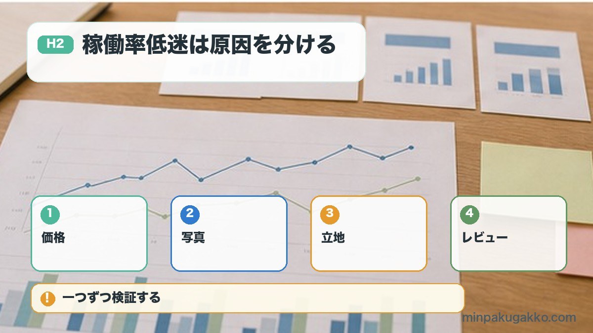 稼働率低迷は原因を分けるを価格、写真、立地、レビューで整理する図解