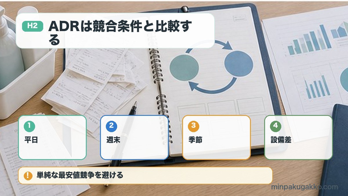 ADRは競合条件と比較するを平日、週末、季節、設備差で整理する図解