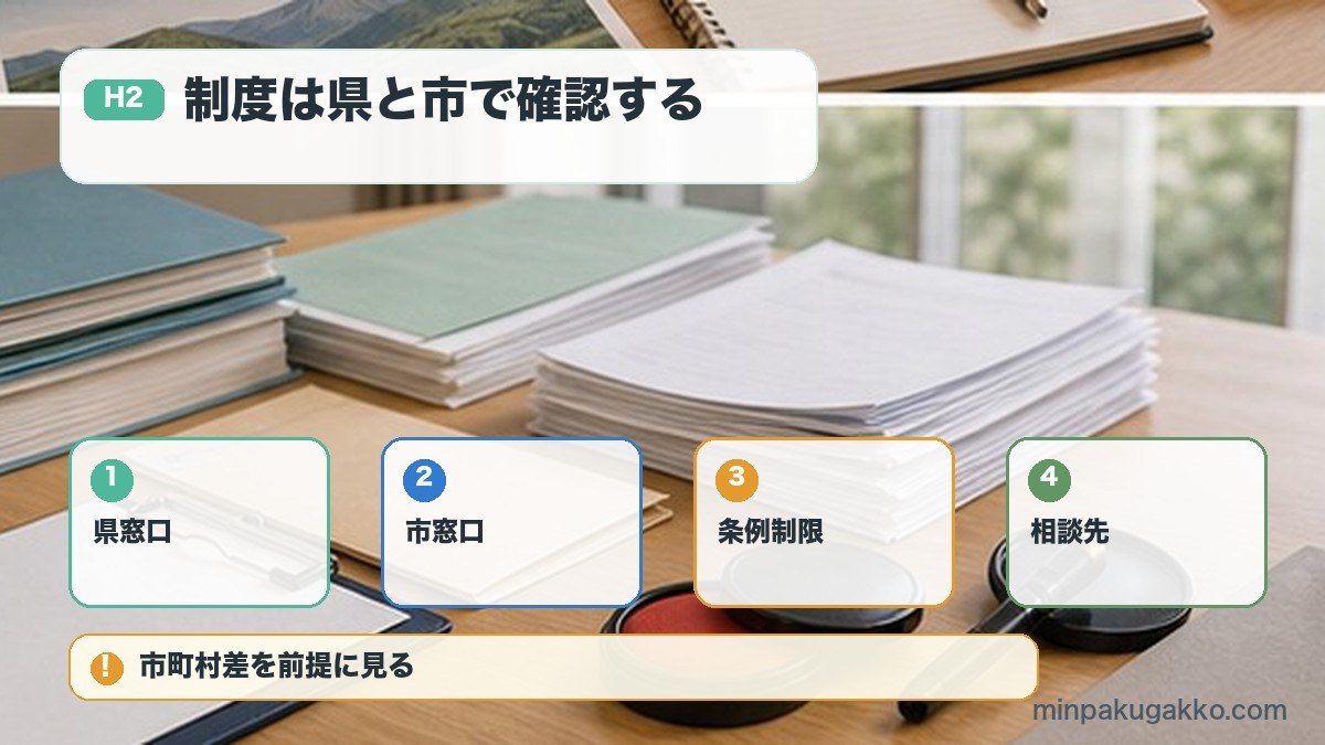 制度は県と市で確認するを県窓口、市窓口、条例制限、相談先で整理する図解