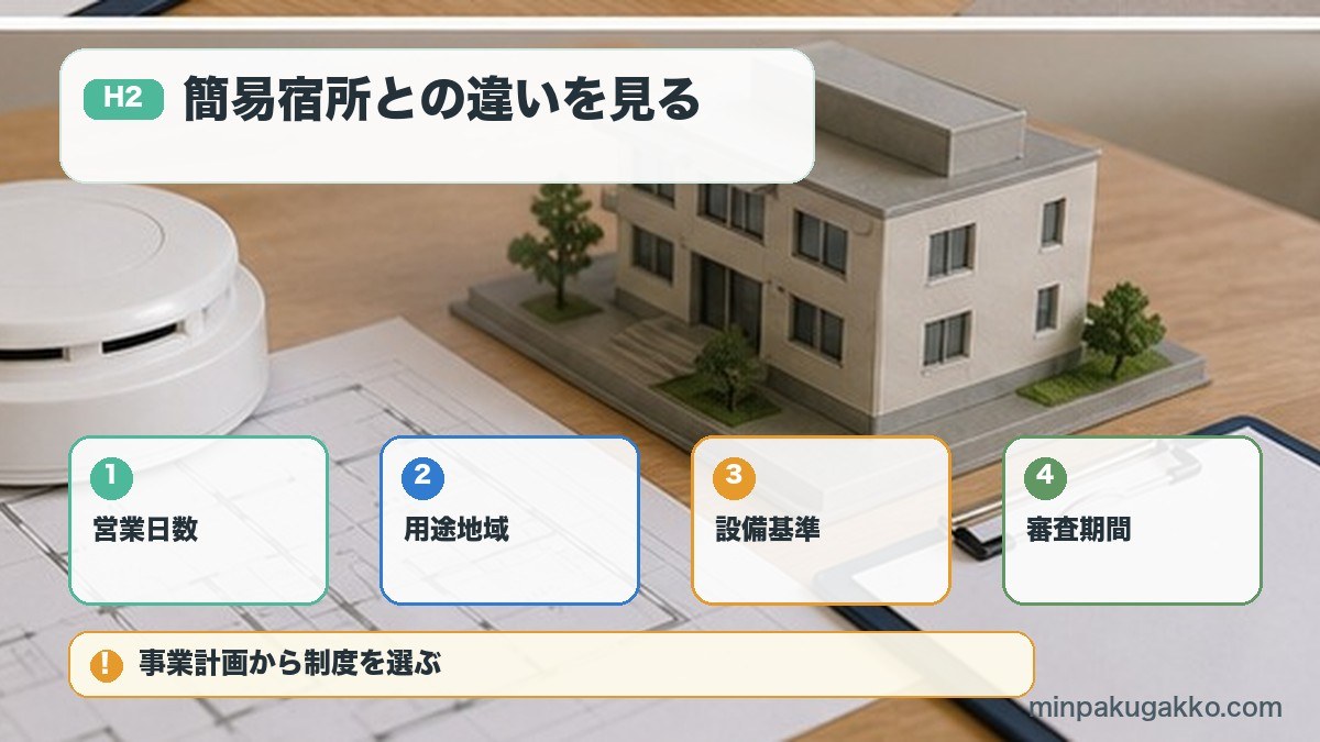 簡易宿所との違いを見るを営業日数、用途地域、設備基準、審査期間で整理する図解