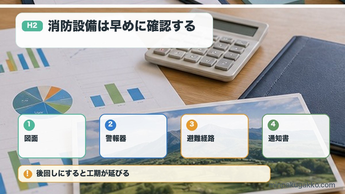 消防設備は早めに確認するを図面、警報器、避難経路、通知書で整理する図解