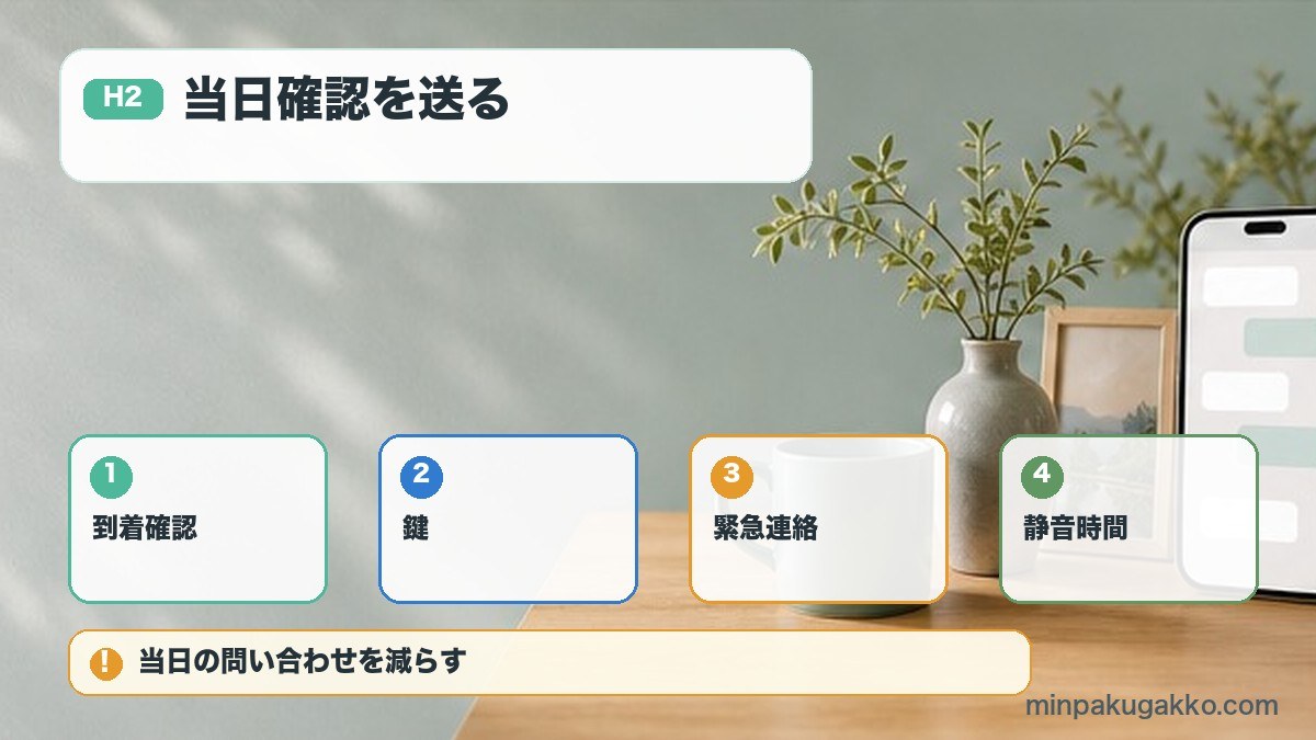 当日確認を送るを到着確認、鍵、緊急連絡、静音時間で整理する図解