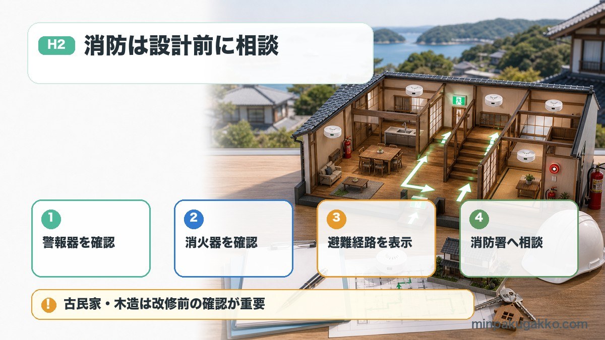伊勢志摩の民泊消防で警報器、消火器、避難経路、消防署相談を確認する図