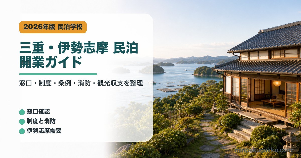 三重・伊勢志摩の民泊開業で確認する窓口、制度、条例、消防、観光収支をまとめたアイキャッチ画像