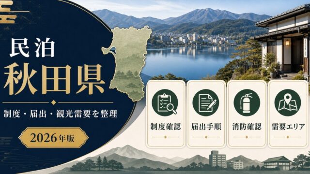 秋田県で民泊を始める際の制度確認、届出手順、消防確認、需要エリアを整理した図