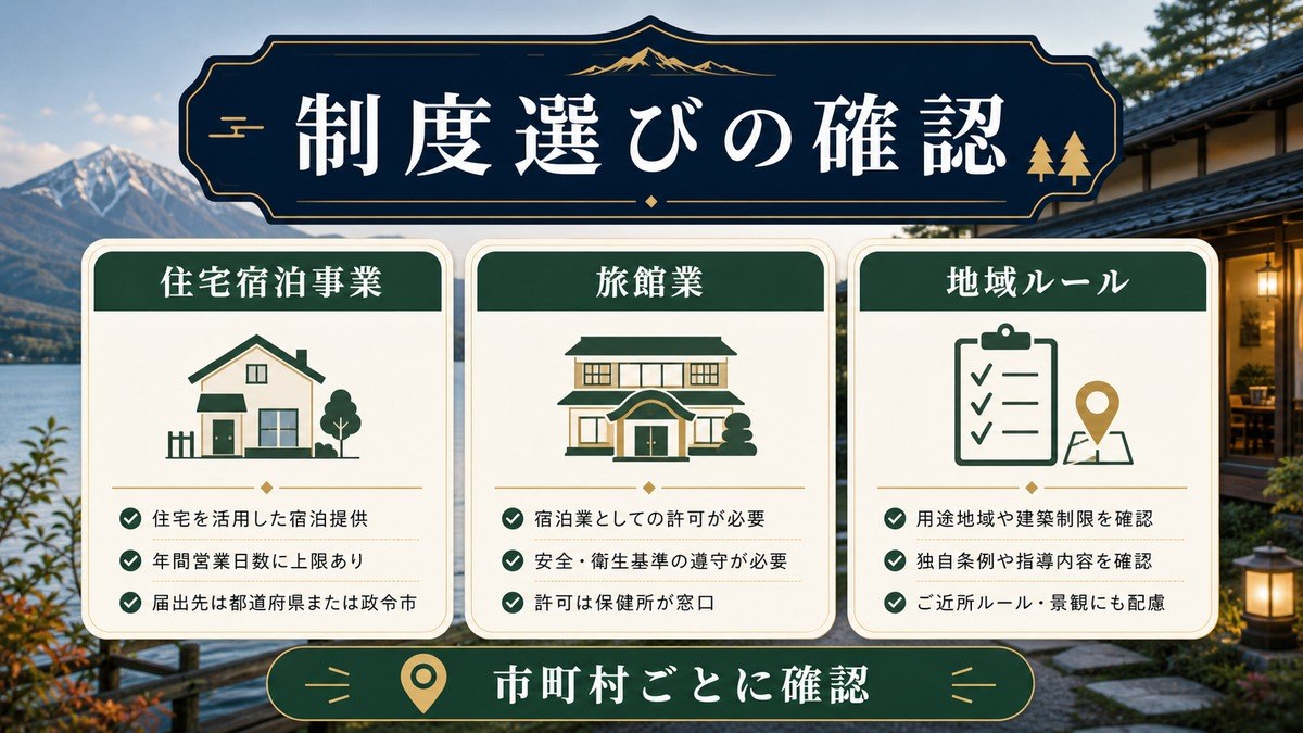 秋田県の民泊制度選びで住宅宿泊事業、旅館業、地域ルールを確認する図