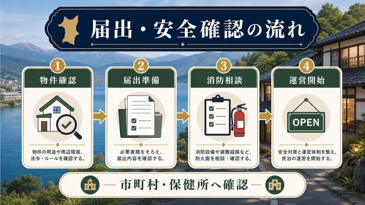 秋田県の民泊開業で物件確認、届出準備、消防相談、運営開始の流れを示した図