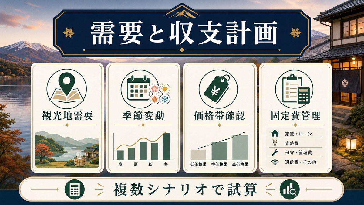 秋田県民泊の需要と収支計画を観光地需要、季節変動、価格帯確認、固定費管理で示した図