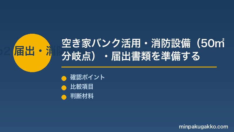 空き家民泊活用 Step2 全国版空き家バンク活用・消防設備(宿泊室50㎡分岐点)・届出書類を準備する