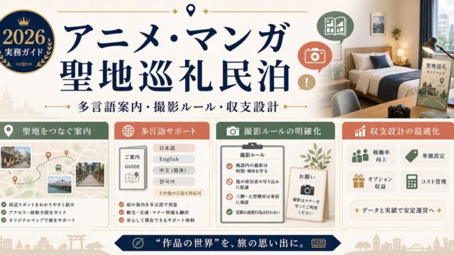 アニメ・マンガ聖地巡礼向け民泊の多言語案内、撮影ルール、収支設計を整理した図