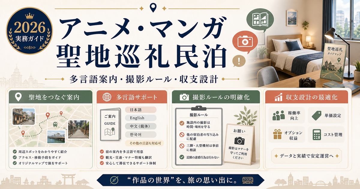 アニメ・マンガ聖地巡礼向け民泊の多言語案内、撮影ルール、収支設計を整理した図