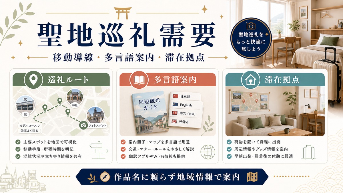 聖地巡礼需要を巡礼ルート、多言語案内、滞在拠点で整理した図