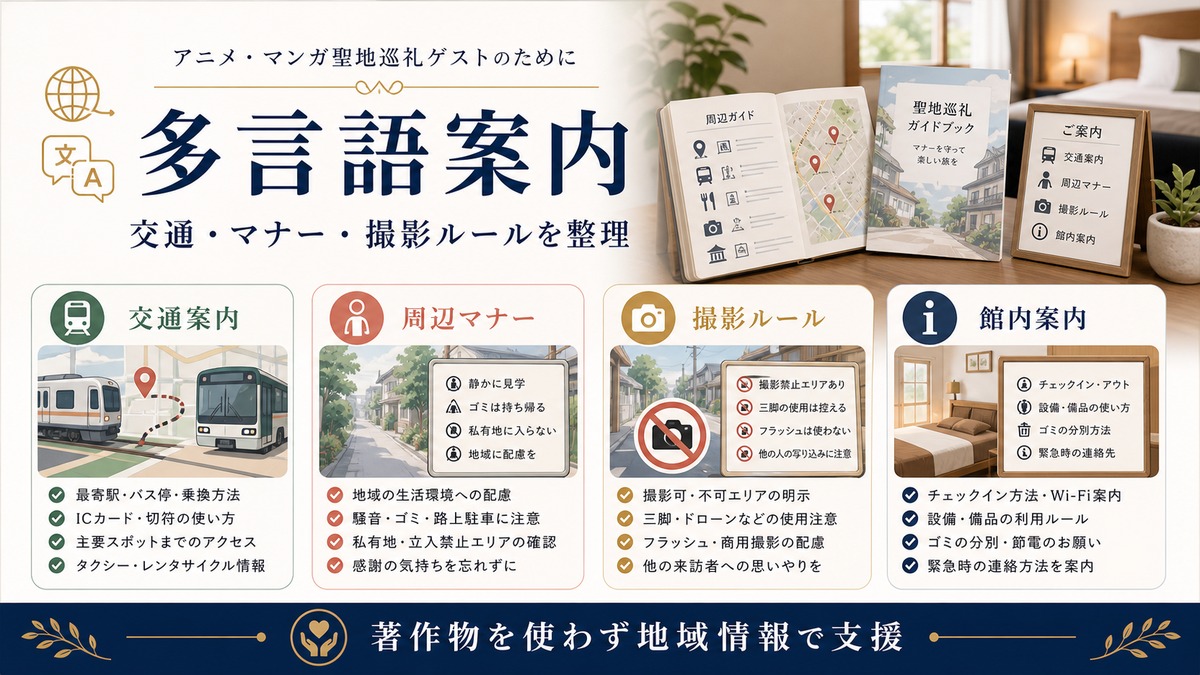 聖地巡礼ゲスト向けの多言語案内を交通案内、周辺マナー、撮影ルール、館内案内で整理した図