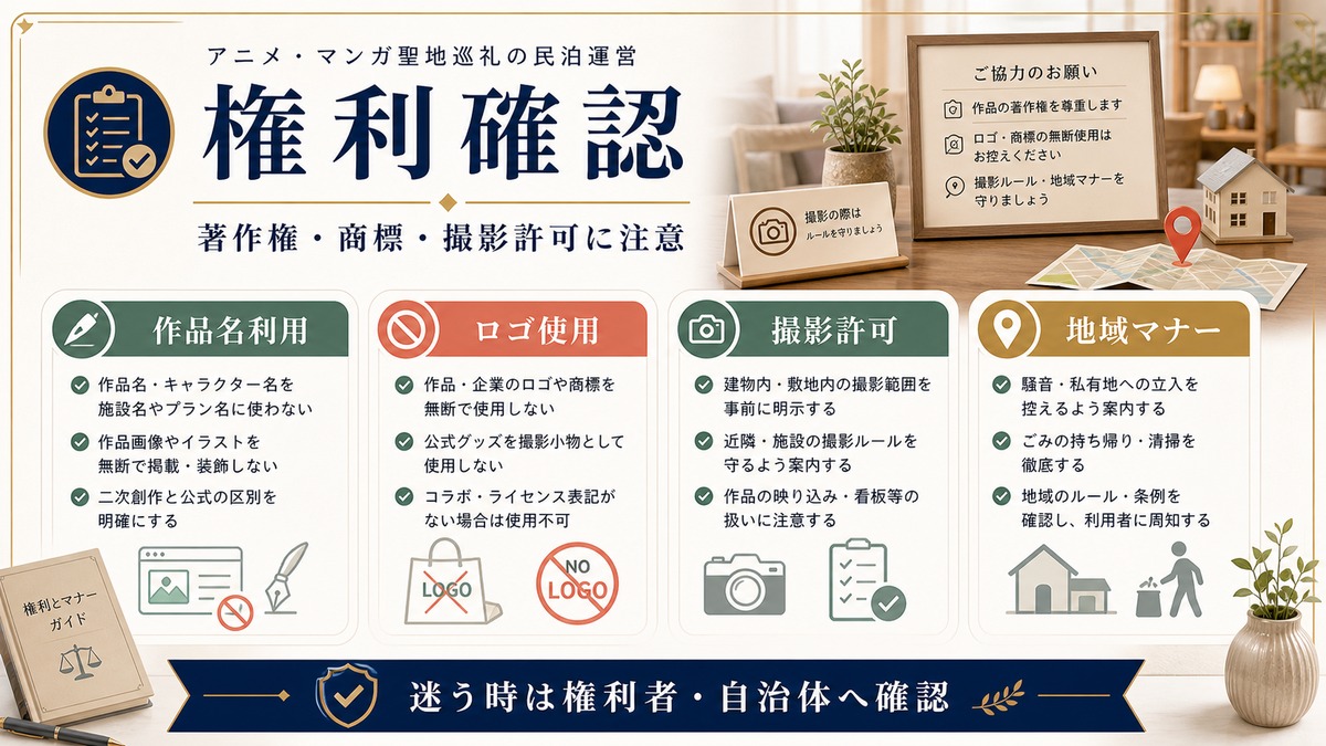 聖地巡礼民泊の権利確認を作品名利用、ロゴ使用、撮影許可、地域マナーで整理した図