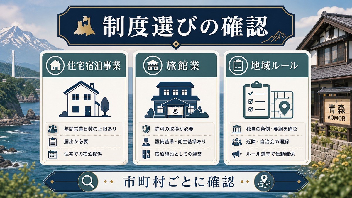 青森県の民泊制度選びで住宅宿泊事業、旅館業、地域ルールを確認する図