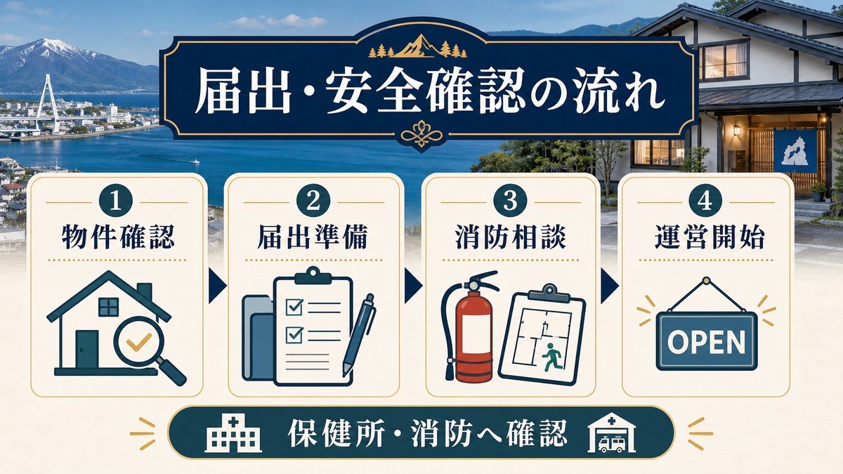 青森県の民泊開業で物件確認、届出準備、消防相談、運営開始の流れを示した図