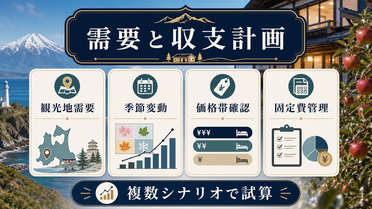 青森県民泊の需要と収支計画を観光地需要、季節変動、価格帯確認、固定費管理で示した図