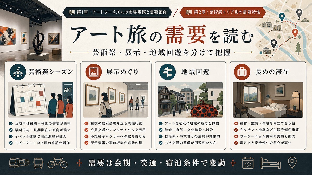 アート旅の需要を芸術祭シーズン、展示めぐり、地域回遊、長めの滞在で整理した図