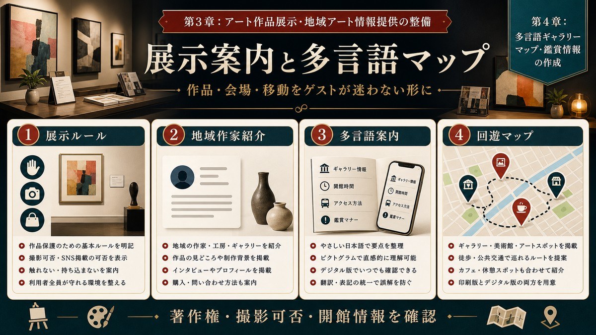 アート民泊の展示案内と多言語マップを展示ルール、地域作家紹介、多言語案内、回遊マップで整理した図