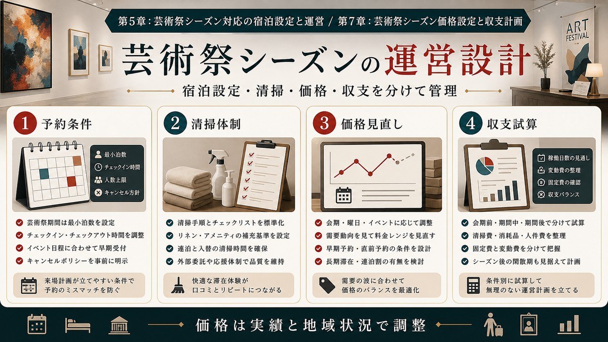 芸術祭シーズンの民泊運営を予約条件、清掃体制、価格見直し、収支試算で整理した図