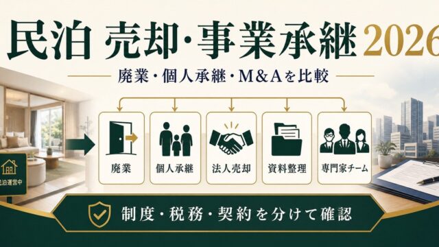 民泊の売却・事業承継を廃業、個人承継、法人売却、資料整理、専門家チームで整理した図