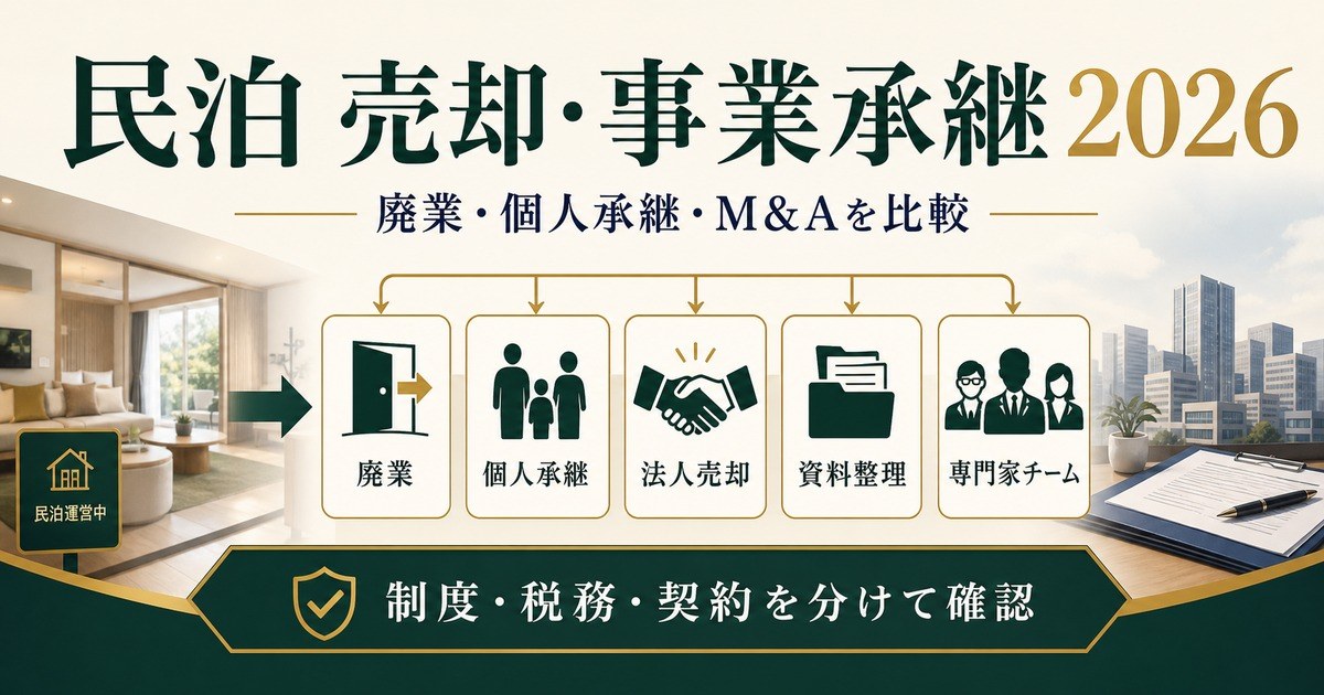 民泊の売却・事業承継を廃業、個人承継、法人売却、資料整理、専門家チームで整理した図