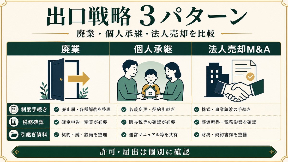 民泊の出口戦略を廃業、個人承継、法人売却M&Aの3パターンで比較した図