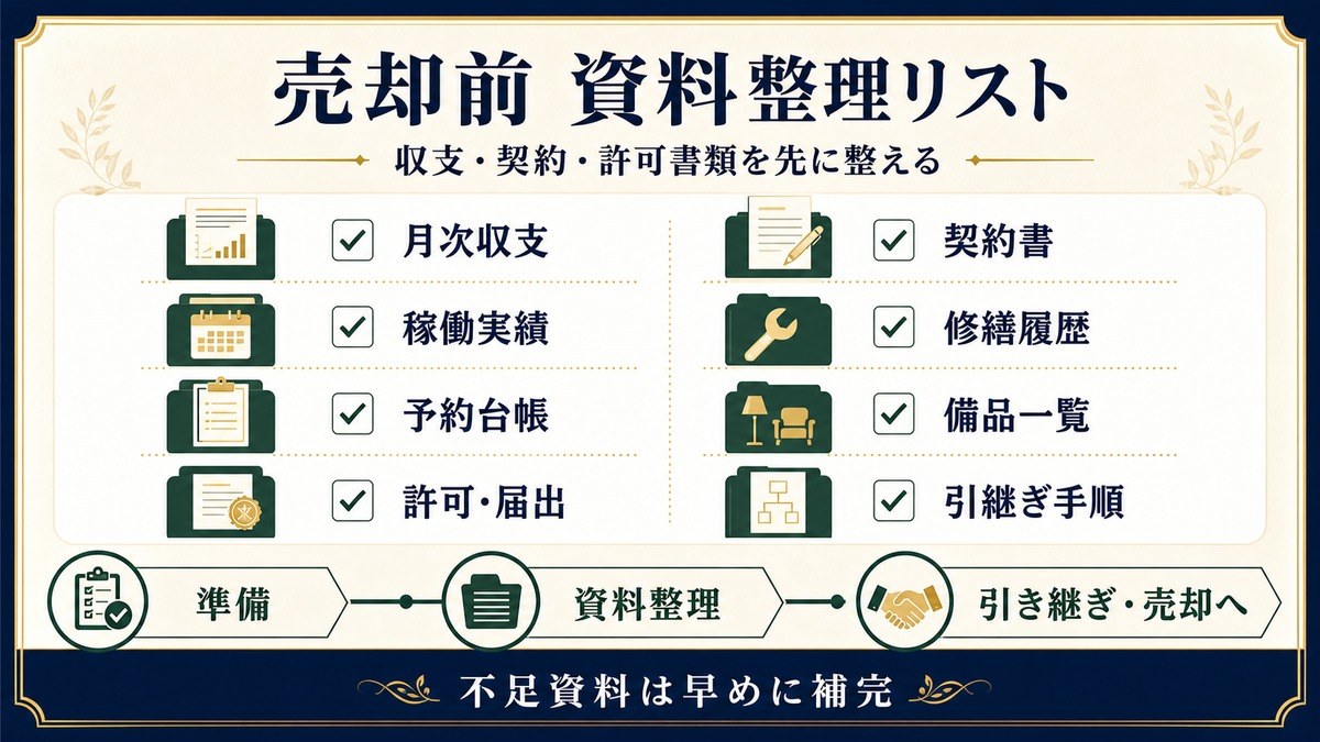 民泊売却前に整える資料を月次収支、稼働実績、予約台帳、許可届出、契約書、修繕履歴、備品一覧、引継ぎ手順で整理した図