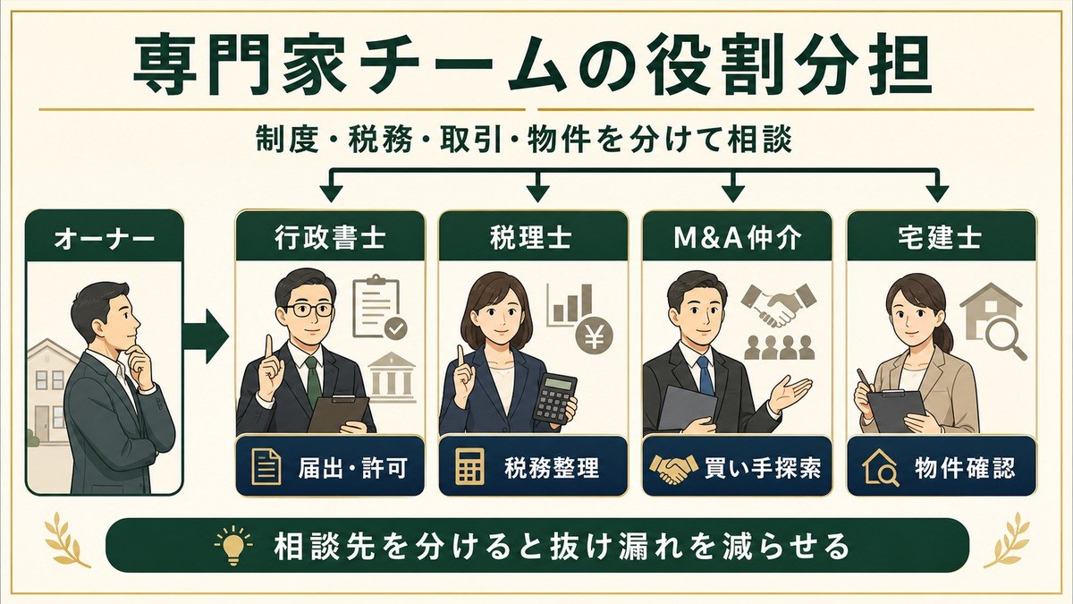 民泊の売却・事業承継で相談する専門家の役割を行政書士、税理士、M&A仲介、宅建士に分けて示した図