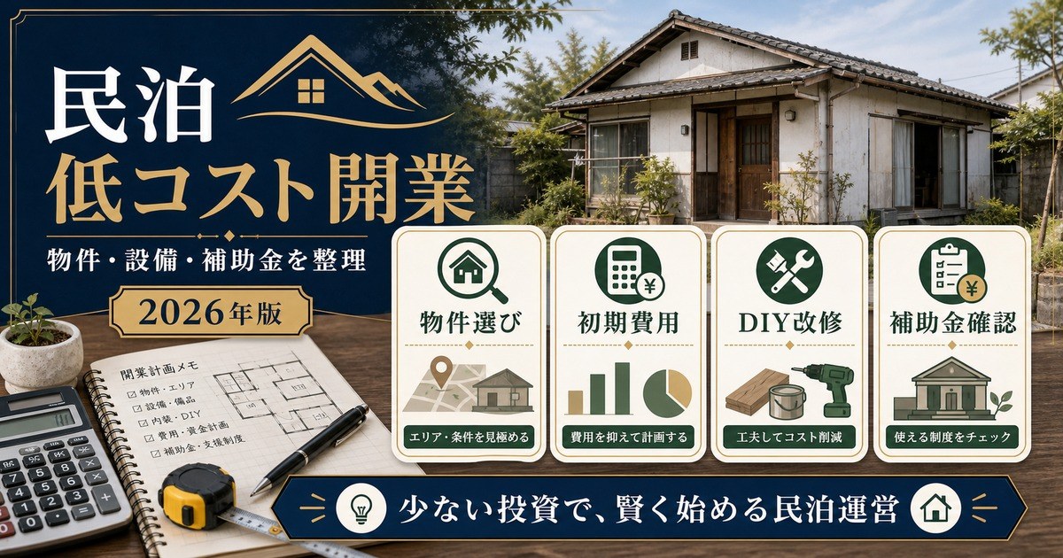 民泊の低コスト開業で物件選び、初期費用、DIY改修、補助金確認を整理した図