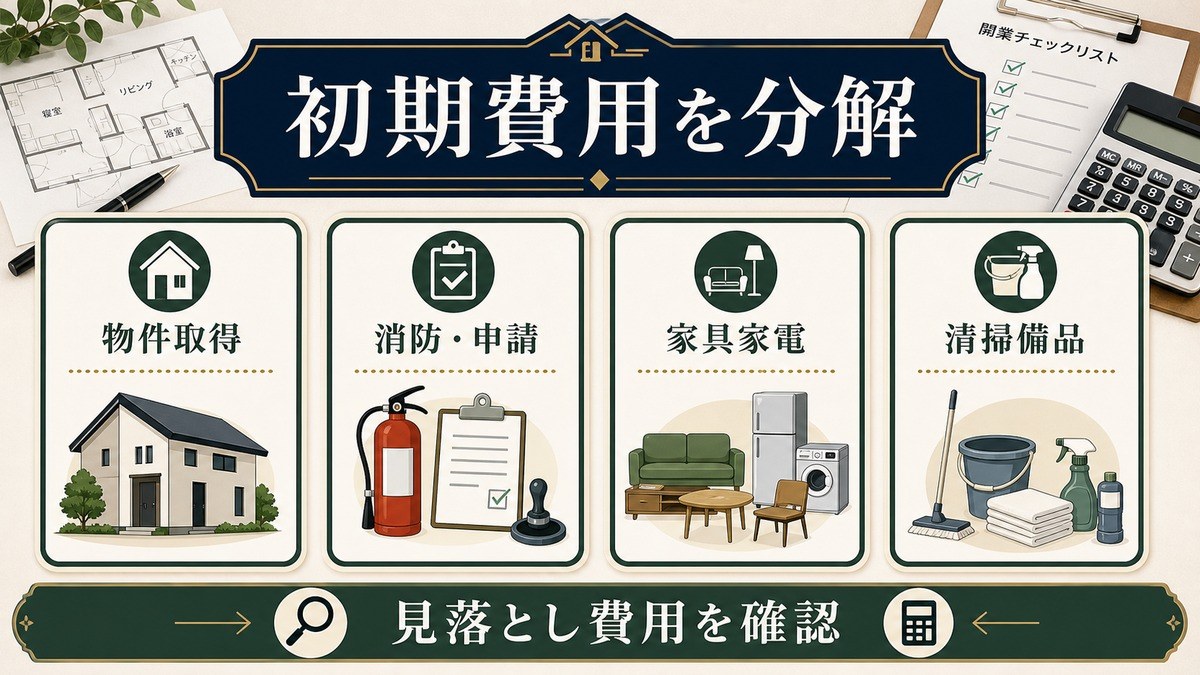 民泊の低コスト開業で物件取得、消防申請、家具家電、清掃備品の初期費用を分解した図