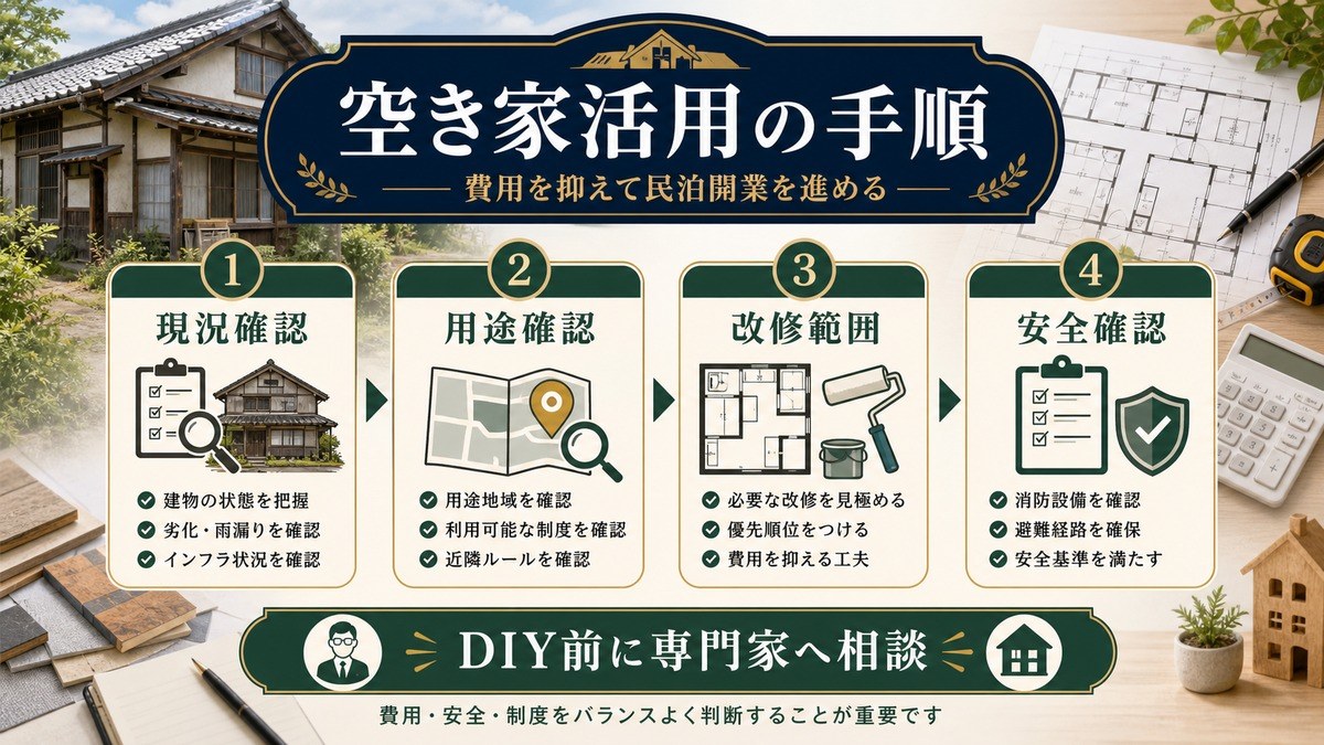 空き家を民泊に活用するための現況確認、用途確認、改修範囲、安全確認の流れを示した図