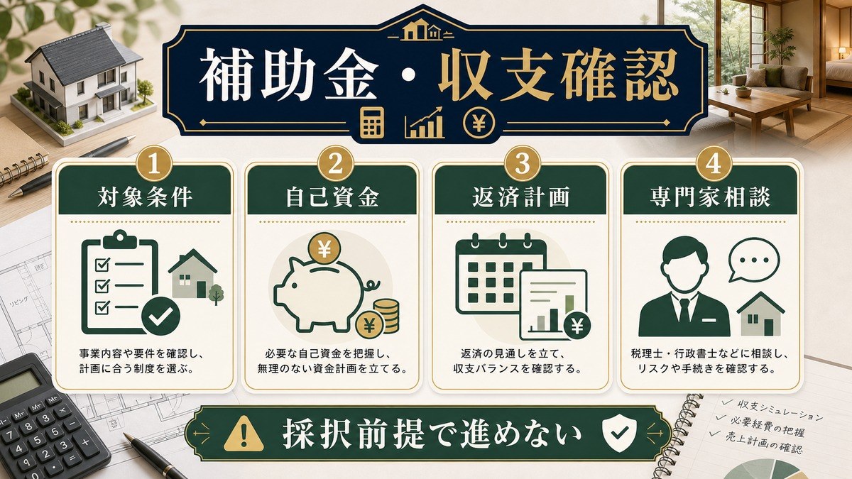 民泊低コスト開業で補助金の対象条件、自己資金、返済計画、専門家相談を確認する図