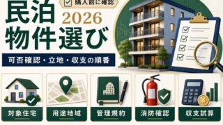 民泊物件選びを対象住宅、用途地域、管理規約、消防確認、収支試算の順番で整理した図