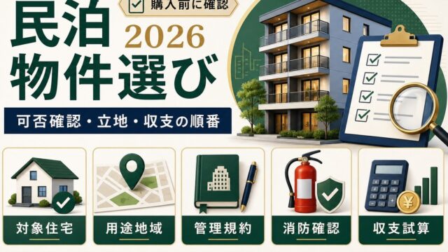 民泊物件選びを対象住宅、用途地域、管理規約、消防確認、収支試算の順番で整理した図