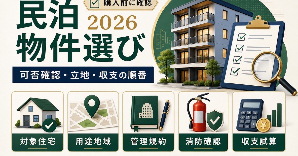 民泊物件選びを対象住宅、用途地域、管理規約、消防確認、収支試算の順番で整理した図