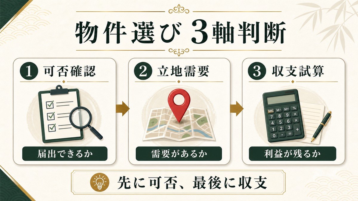 民泊物件選びを可否確認、立地需要、収支試算の3軸で判断する流れを示した図