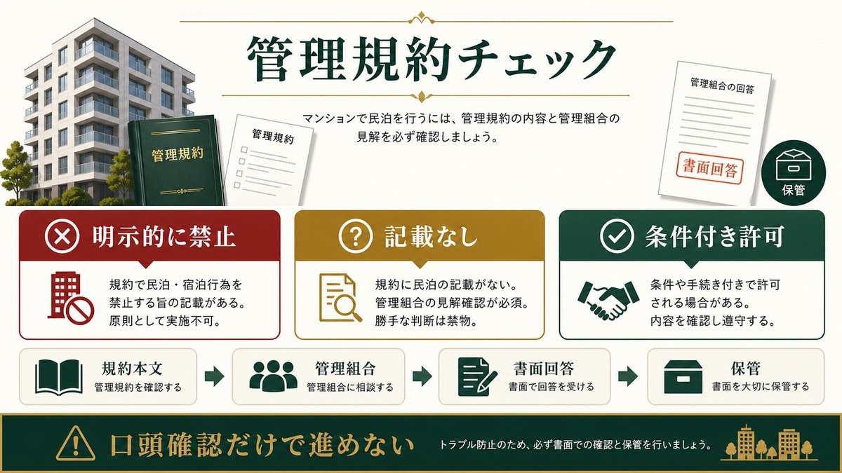 マンション民泊の管理規約確認を明示的禁止、記載なし、条件付き許可に分けて示した図
