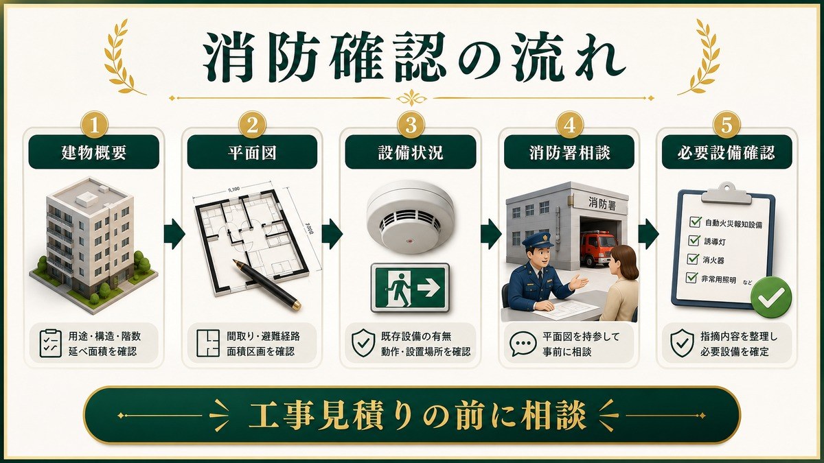 民泊物件の消防確認を建物概要、平面図、設備状況、消防署相談、必要設備確認の流れで示した図