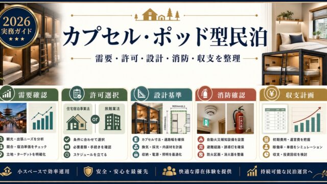 カプセル・ポッド型民泊の需要、許可選択、設計消防、収支計画を整理した図