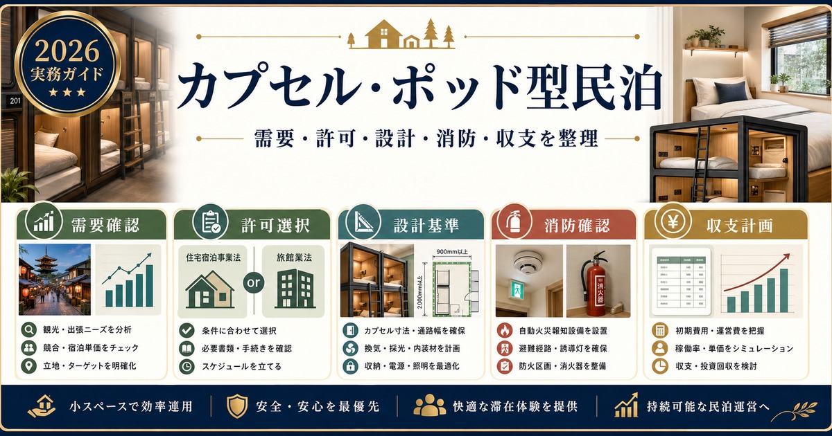 カプセル・ポッド型民泊の需要、許可選択、設計消防、収支計画を整理した図