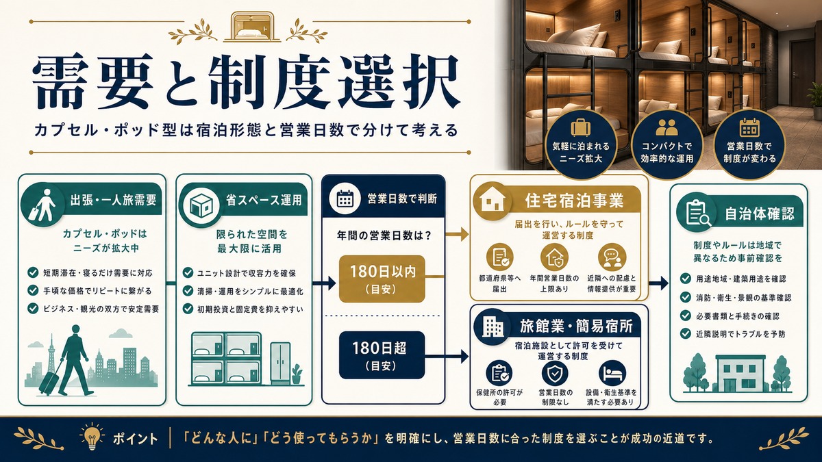 カプセル・ポッド型民泊の需要と制度選択を住宅宿泊事業、簡易宿所、自治体確認で整理した図