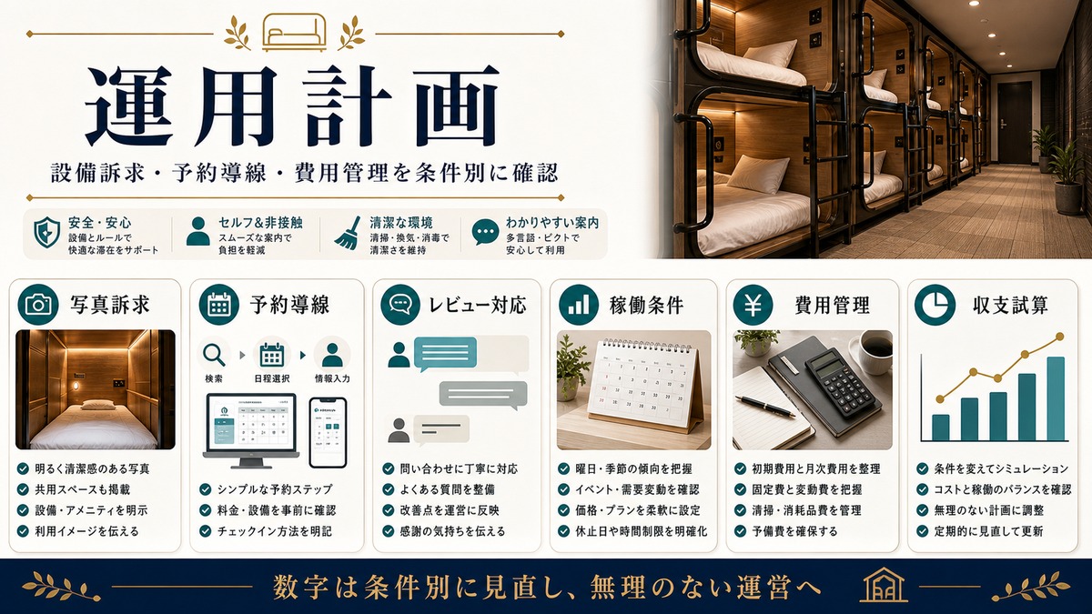 カプセル・ポッド型民泊の運用計画を写真訴求、予約導線、費用管理、収支試算で整理した図