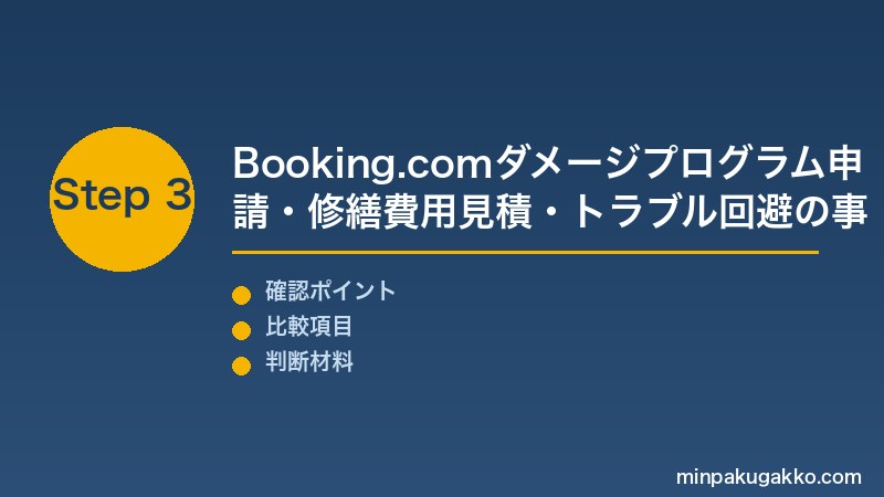 民泊退去立会 Step3 Booking.comダメージプログラム申請・修繕費用見積・トラブル回避の事前設定で原状回復体制を完成させる