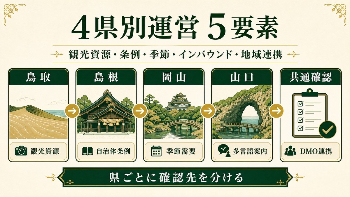 中国地方4県の民泊運営を観光資源、自治体条例、季節需要、多言語案内、地域連携の5要素で整理した図