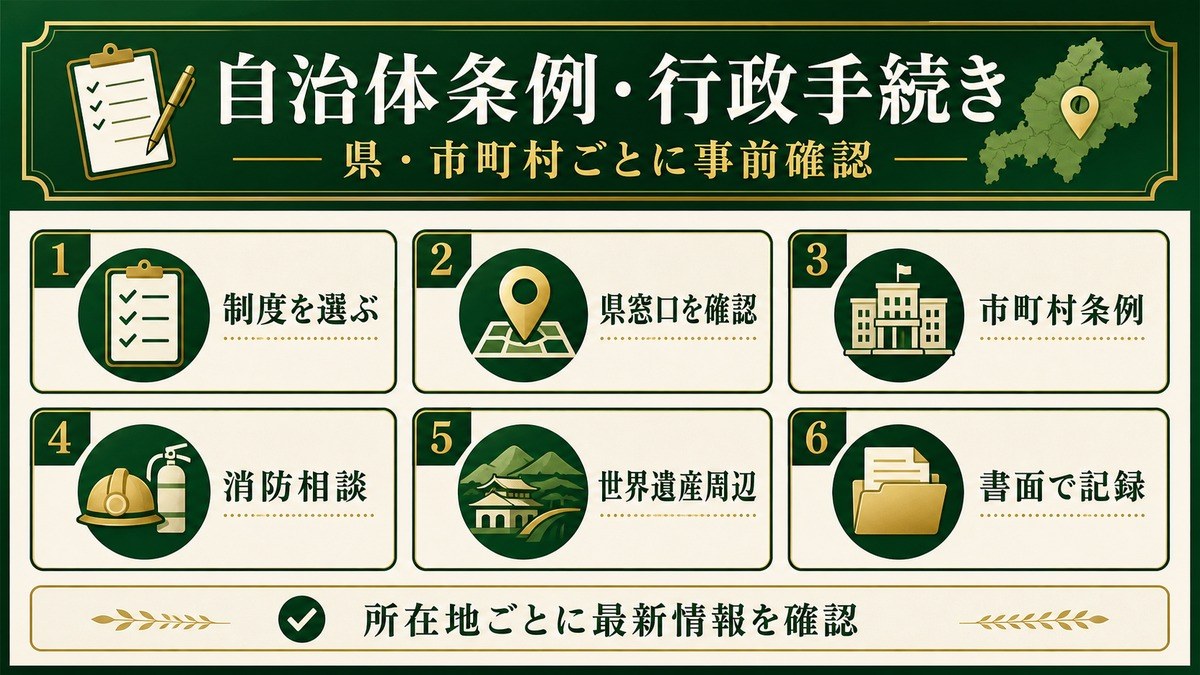 中国地方4県の民泊行政手続きを制度選択、県窓口、市町村条例、消防相談、世界遺産周辺、書面記録で示した図