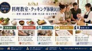 料理教室・クッキング体験民泊の需要、食品衛生、設備、多言語、収支を整理した図